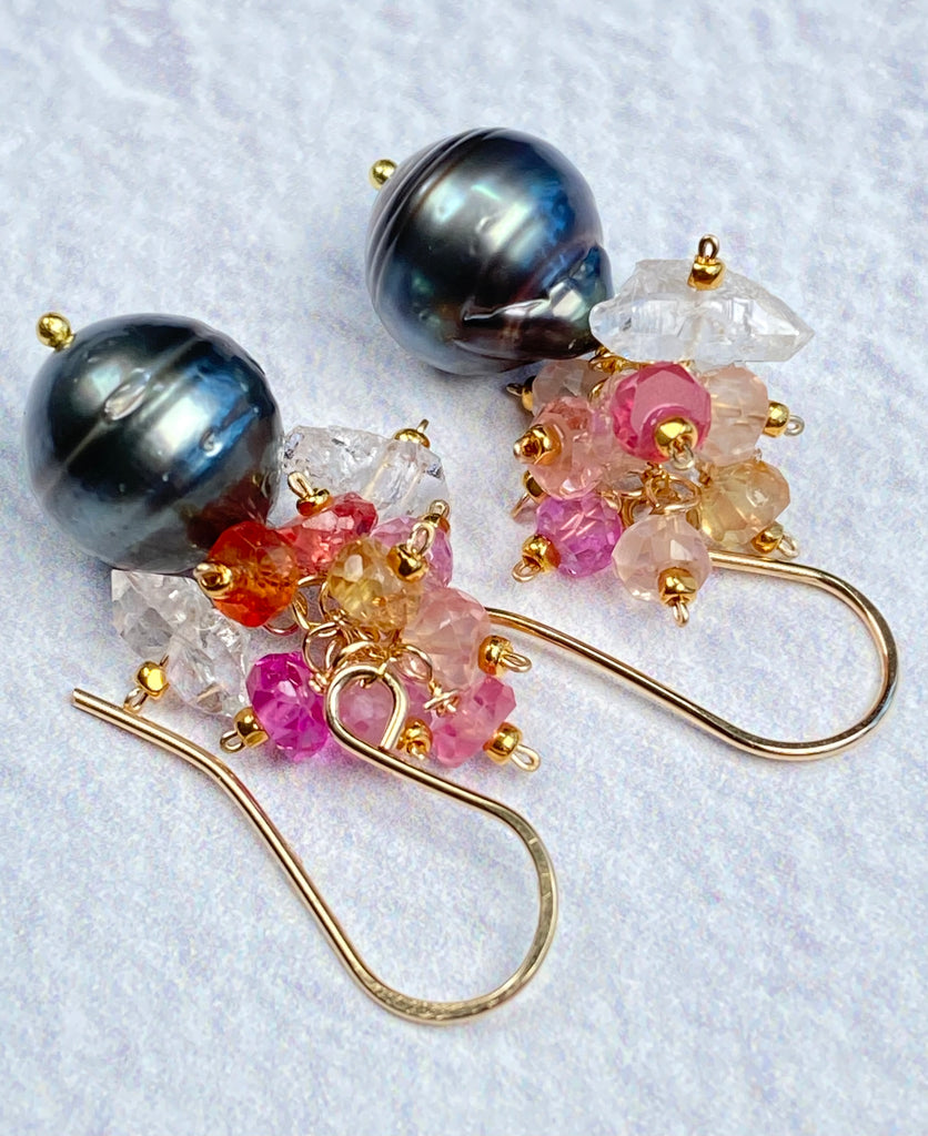 Tahitian Pearl Cluster Earrings with Padparadscha Sapphire & Herkimer Diamond Quartz, Gold Fill