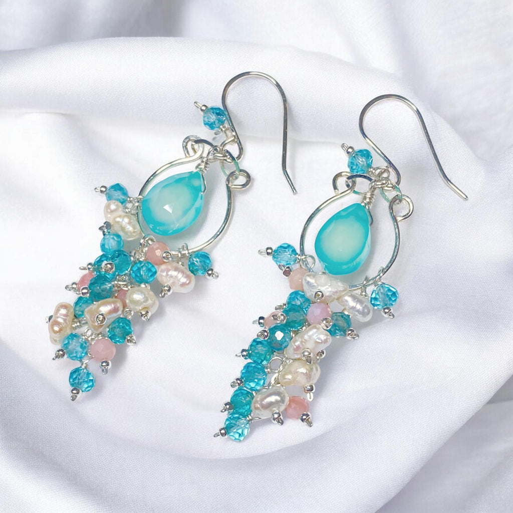 Aqua Chalcedony Gemstone Chandelier Hoop Tassel Earrings Sterling Silver — Apatite, Keishi Pearl, Pink Opals