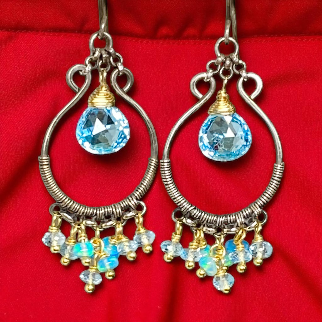 Blue Topaz, Opal, Chandelier Hoop Earrings Oxidized Silver Mixed Metal
