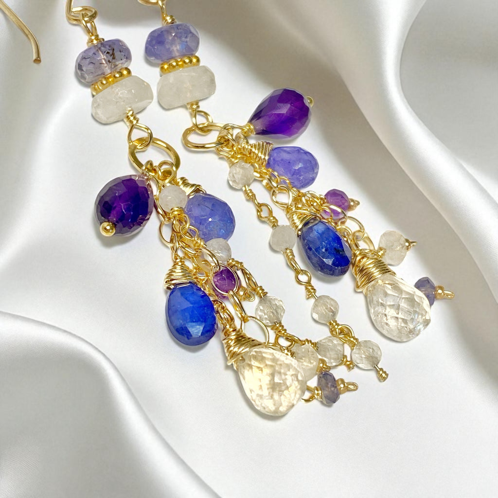 Blue Violet Gemstone Dangle Earrings - Amethyst, Tanzanite, Kyanite, Moonstone