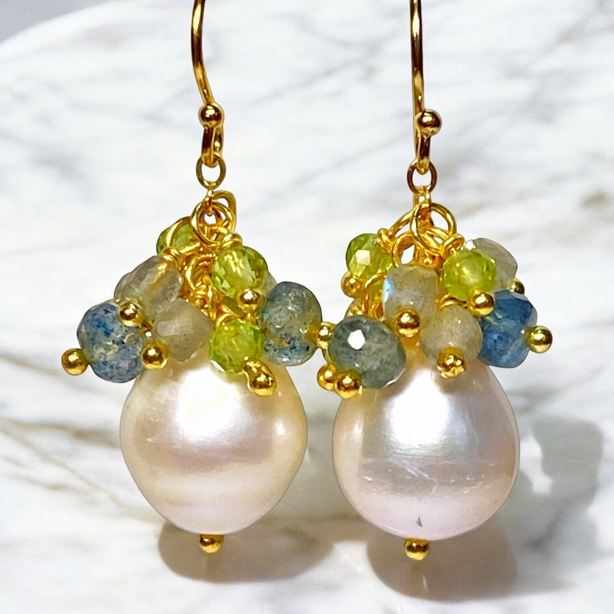 Pearl and Aquamarine, Labradorite, Peridot Cluster Earrings Gold Fill