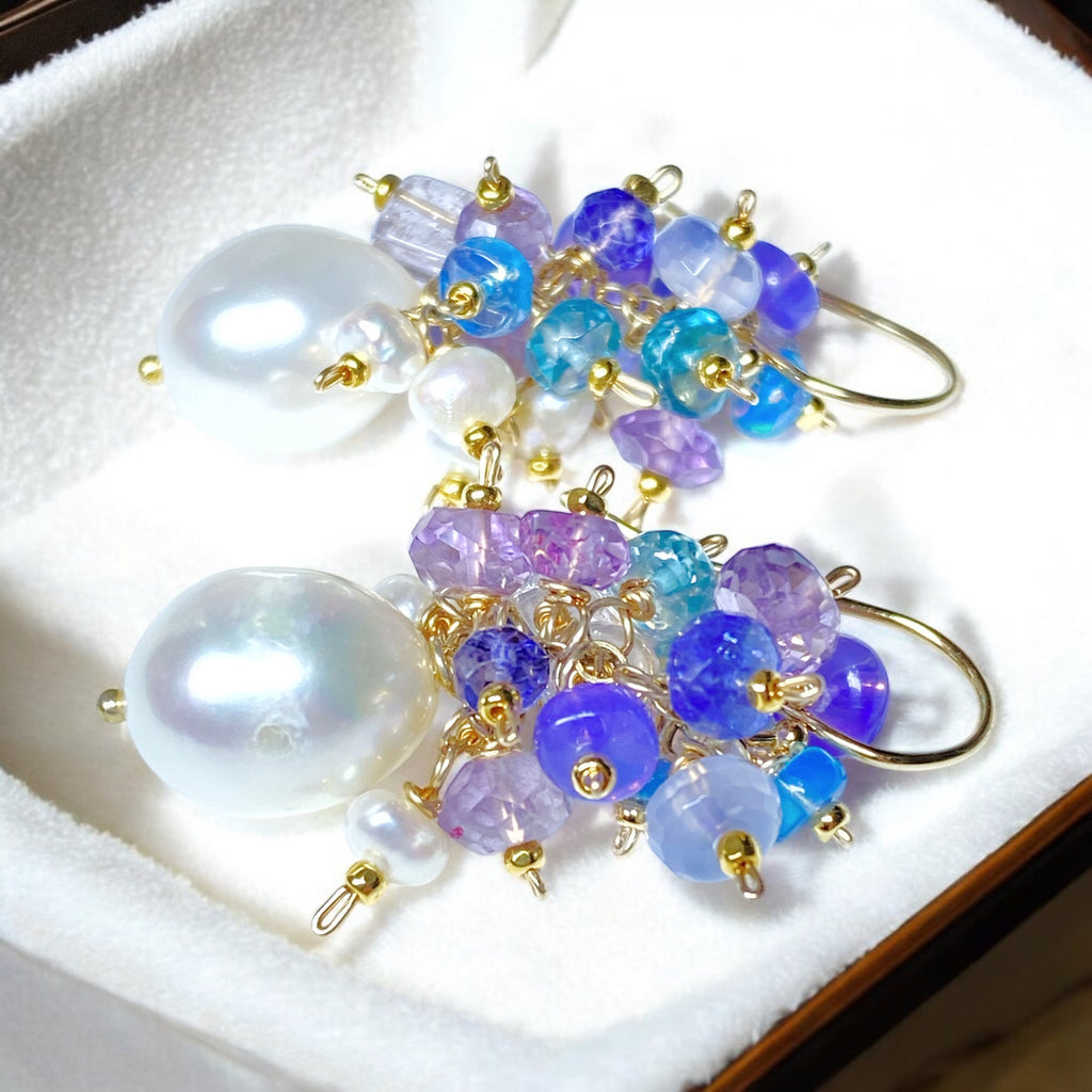 Gemstone Cluster Pearl Earrings Amethyst Iolite Gold Post