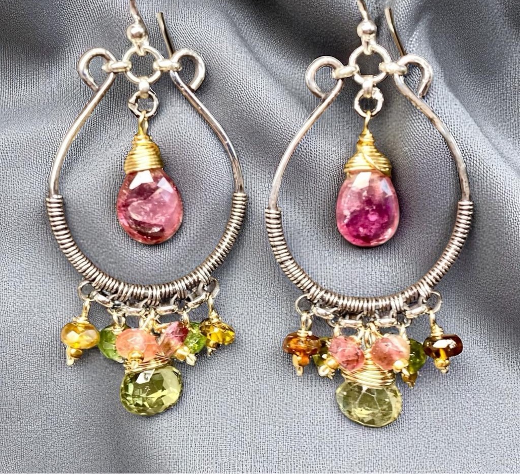Pink and Green Tourmaline Mixed Metal Hoop Chandelier Earrings