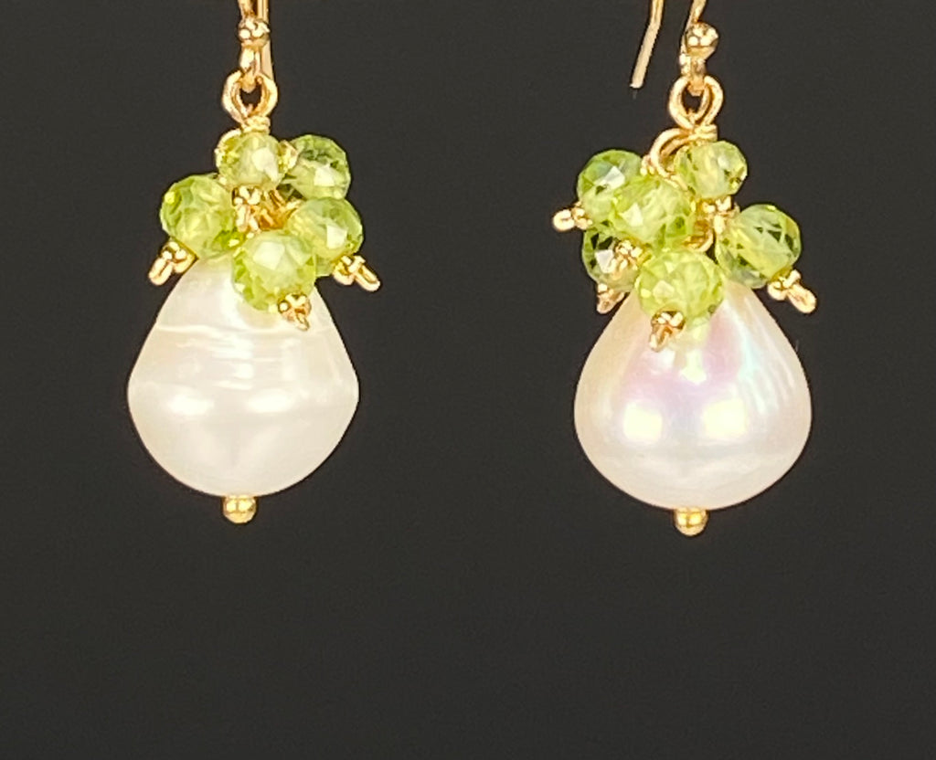 Peridot and Pearl Cluster Earrings, Silver or Gold Fill, 14k Gold Fill - Doolittle