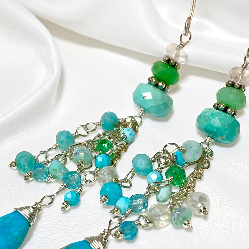 Multi Gemstone Gem Dangle Earrings, Tassel Style, Turquoise, Chrysoprase, Sterling Silver