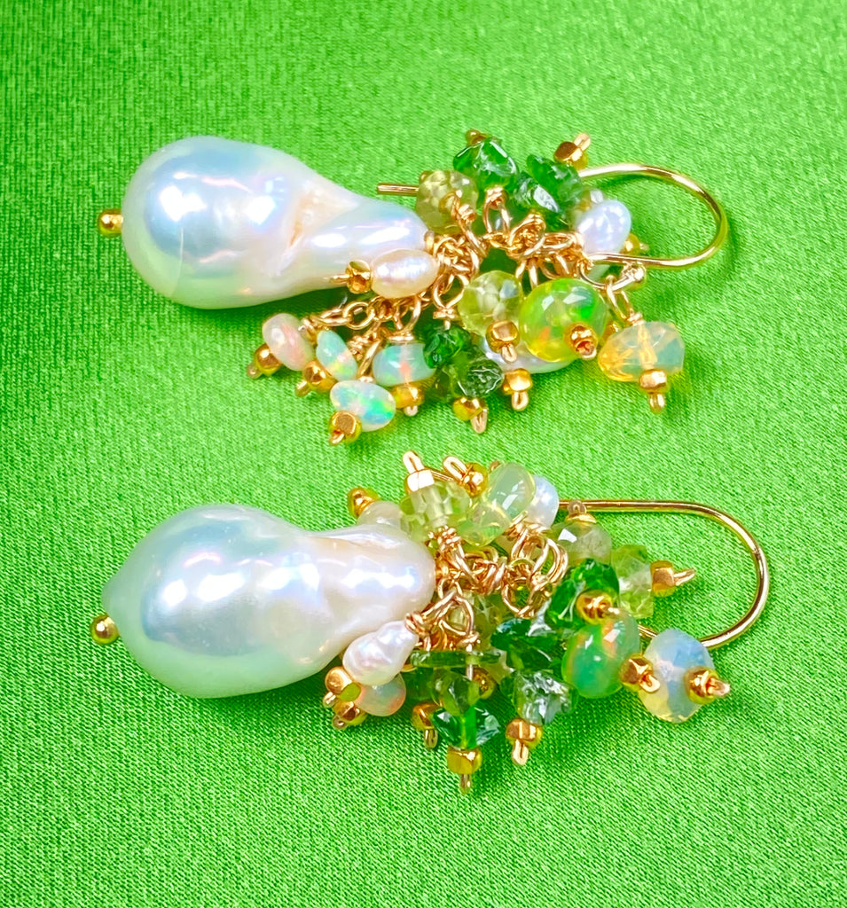 Green Ethiopian Opal, Peridot & Flameball Pearl Cluster Earrings