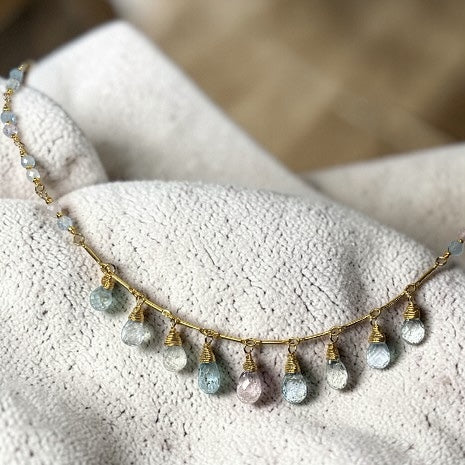 Aquamarine Morganite Dainty Dangle Necklace Gold Fill - Doolittle