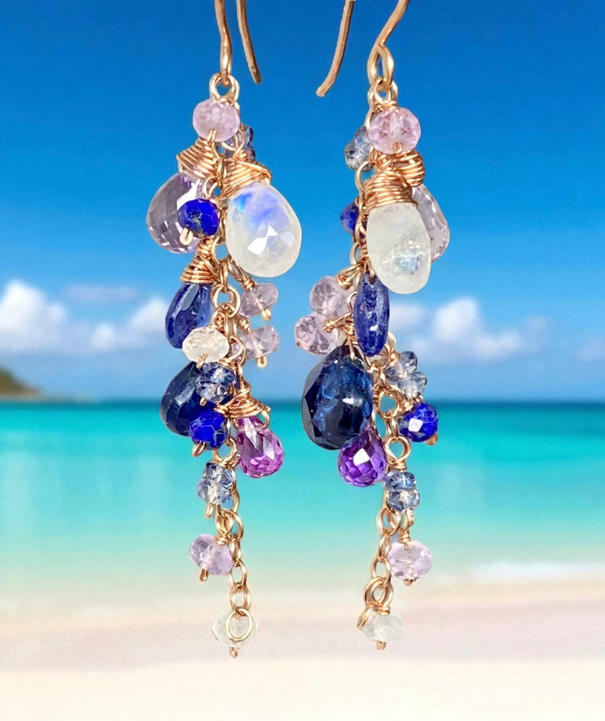 Blue Purple Gemstone Rose Gold Dangle Earrings with Tanzanite