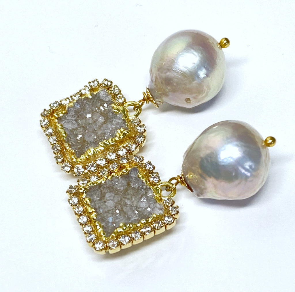 Silver Druzy Crystal and Baroque Pearl Dangle Earrings