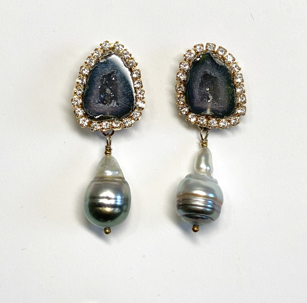 Black Tabasco Geode Earrings with Tahitian Pearls
