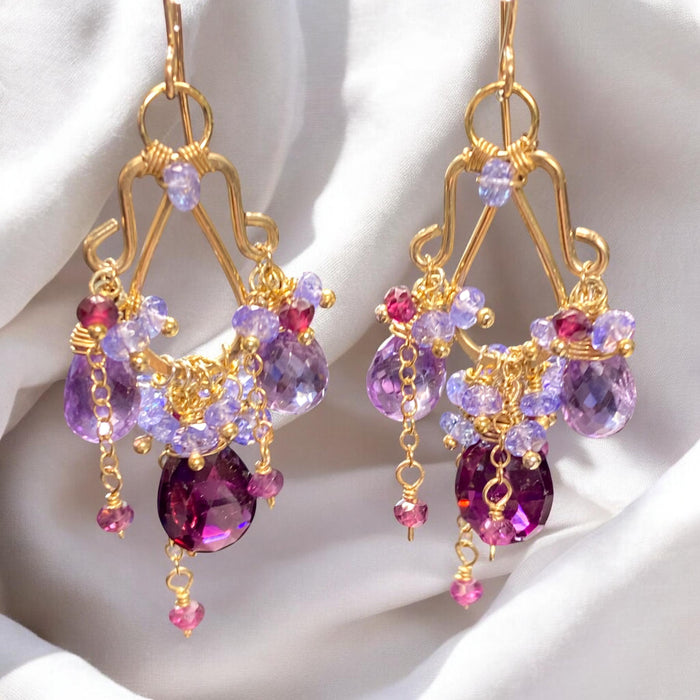 Amethyst Tanzanite Chandelier Earrings Gold Fill - Rhodolite Garnet Gemstone Cluster - Doolittle