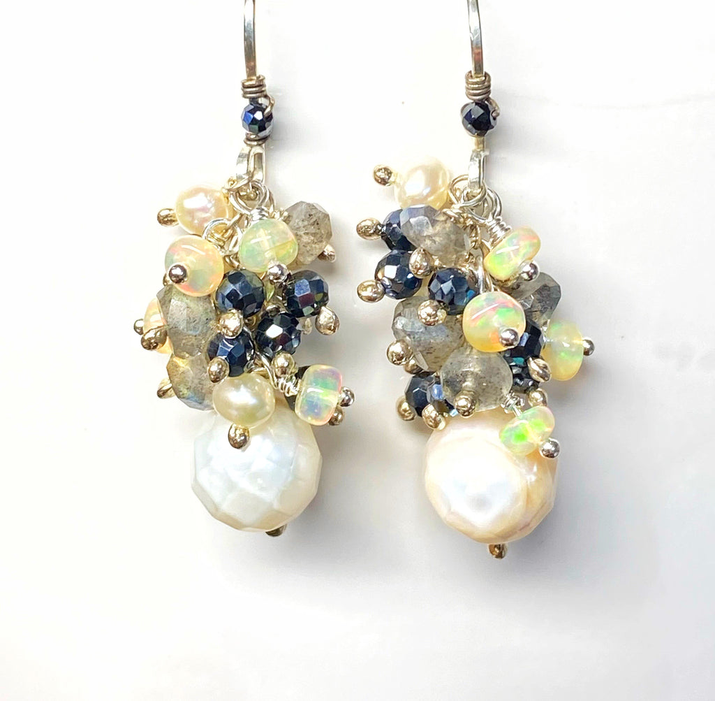 Petite Laser Pearl Cluster Earrings, Black, White, Labradorite, Opals