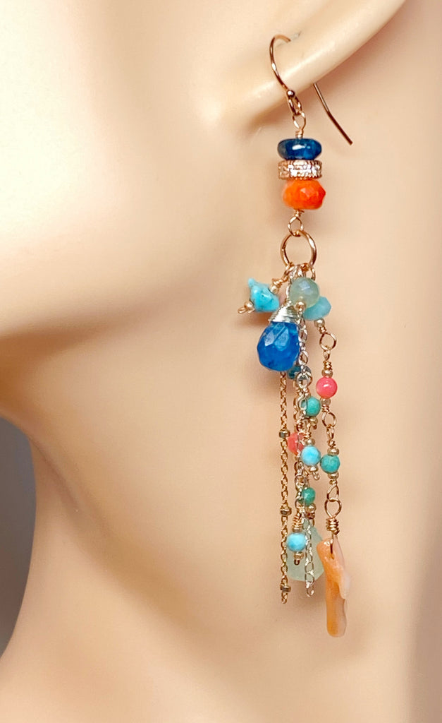 Rose Gold Gemstone Long Boho Dangle Earrings in Turquoise, Coral, Apatite, Aqua