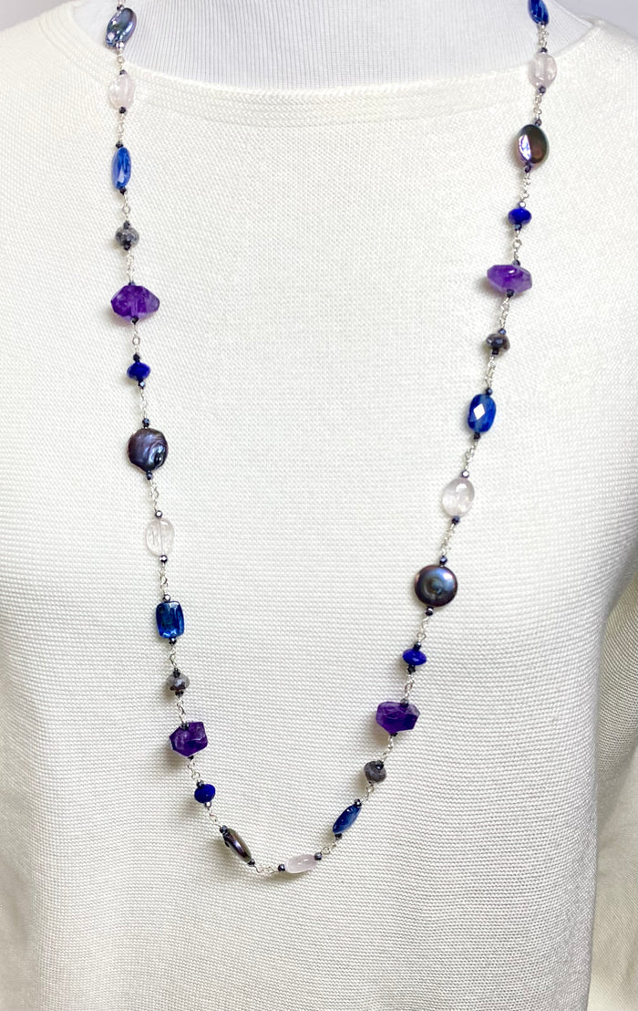 Long Blue Violet Necklace Amethyst Kyanite Kunzite Coin Pearl Sterling Silver