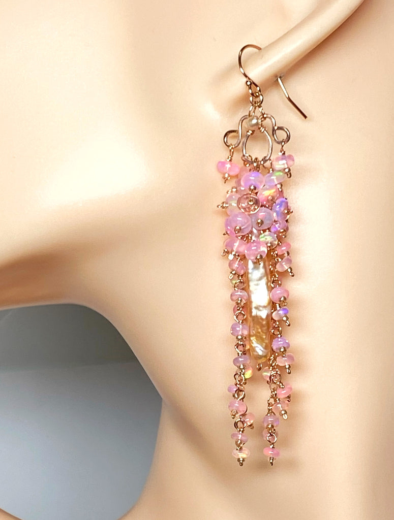 Blush Biwa Pearl Earrings Long Baby Pink Opal Clusters Rose Gold 2