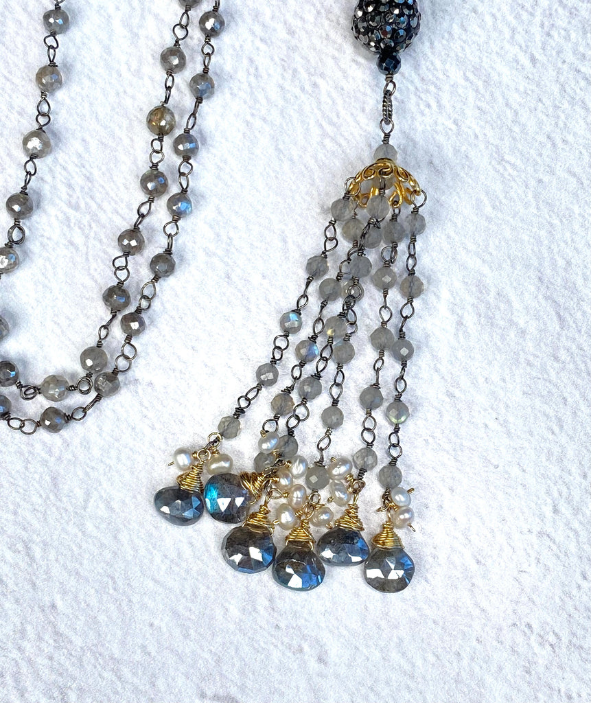 Mystic Labradorite Tassel Pendant Necklace with Marcasite & Spinel — Oxidized Sterling Silver & 14k Gold Fill