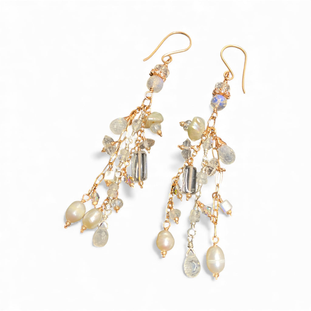 Rose Gold Long Boho Mystic Quartz, Pearl & Moonstone Dangle Earrings