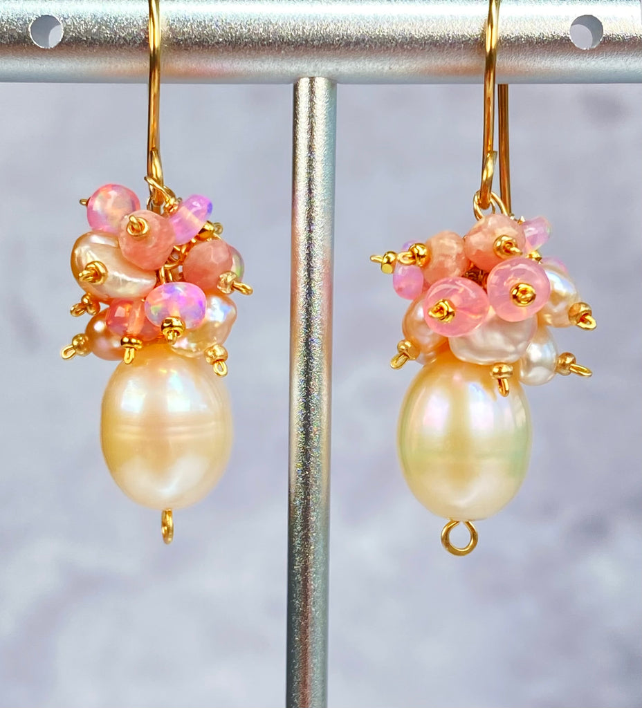 Pink Blush Pearl Pink Opal Cluster Earrings Gold Fill