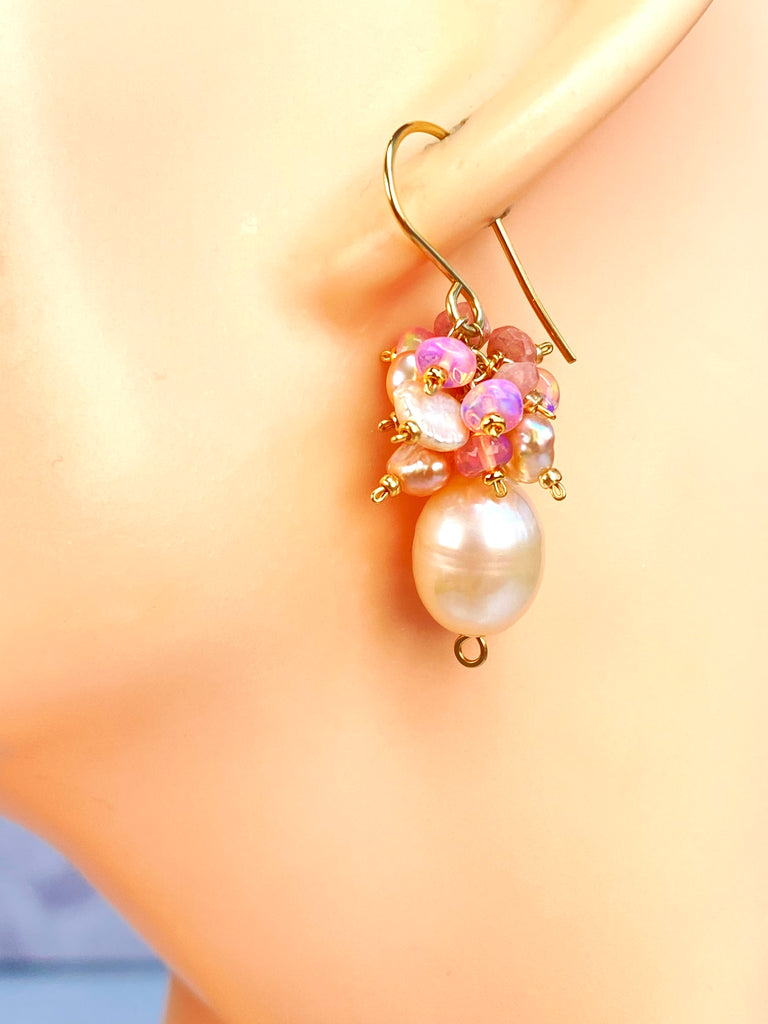 Pink Blush Pearl Pink Opal Cluster Earrings Gold Fill