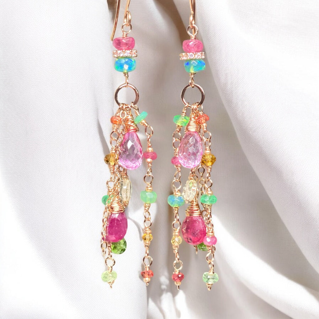 Pink Sapphire, Green Gemstone Rose Gold Long Dangle Earrings