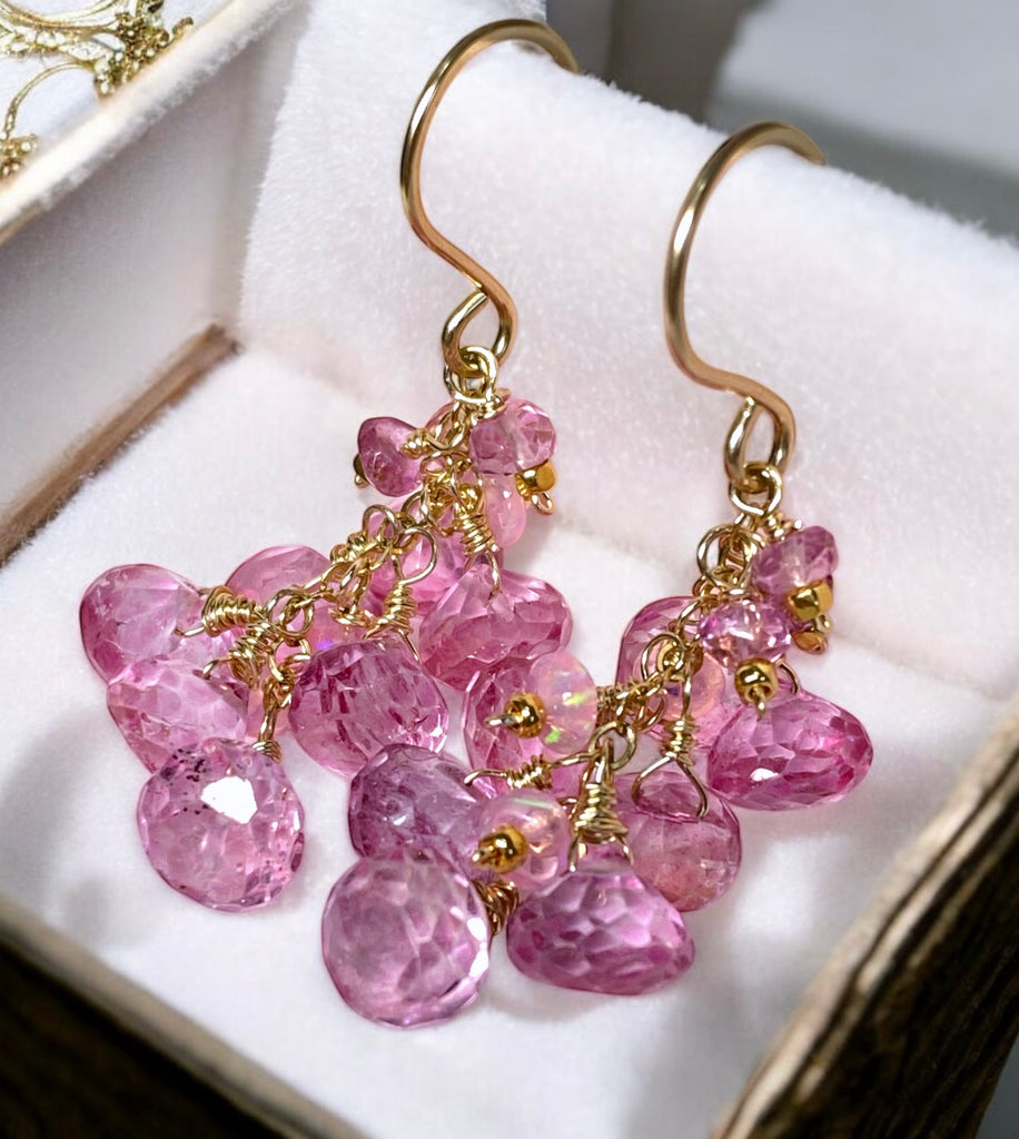 Pink Mystic Topaz Cluster Tassel Earrings Gold Fill or Rose Gold