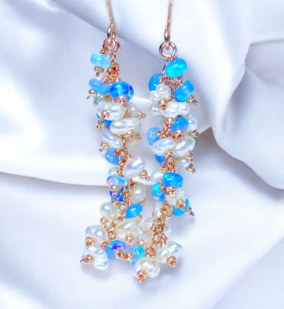 Blue Ethiopian Opal and Keishi Pearl Tassel Dangle Earrings Rose Gold