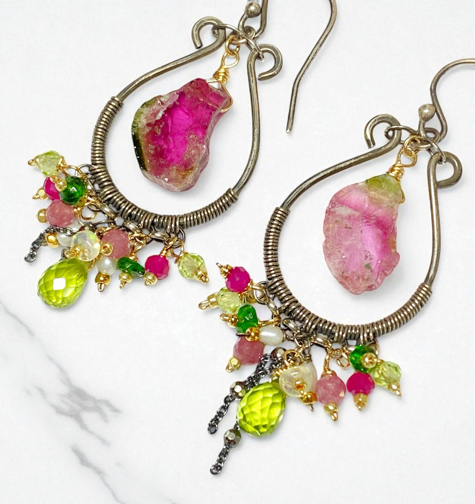 Pink Sapphire, Peridot, Watermelon Tourmaline Hoop Chandelier Earrings