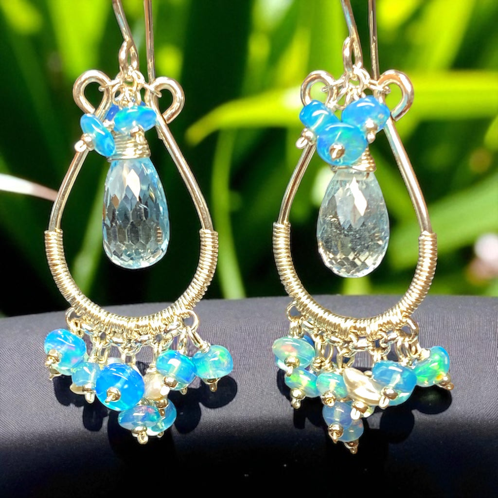 Blue Topaz and Opal Hoop Chandelier Earrings Sterling Silver