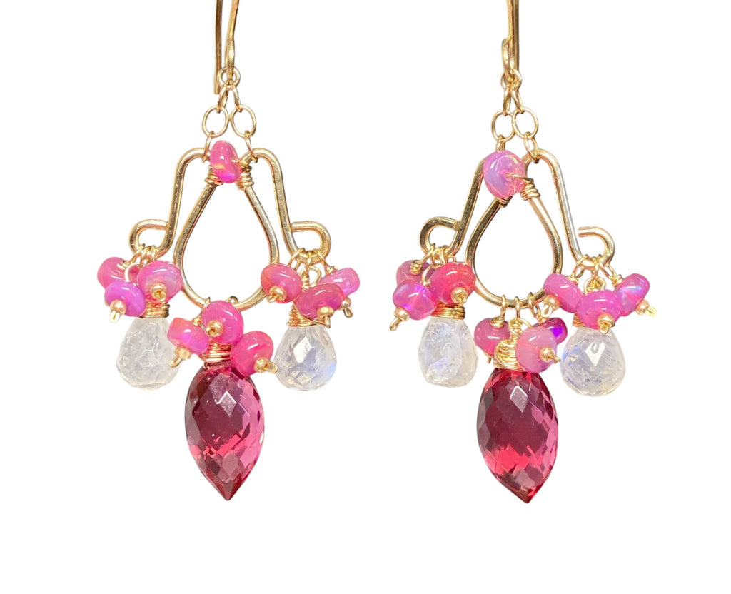 Rubellite Pink Quartz Moonstone Chandelier Earrings Pink Opals, Gold Fill