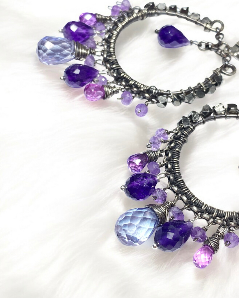 Boho Hoop Earrings Oxidized Sterling Silver Blue Violet Gemstones