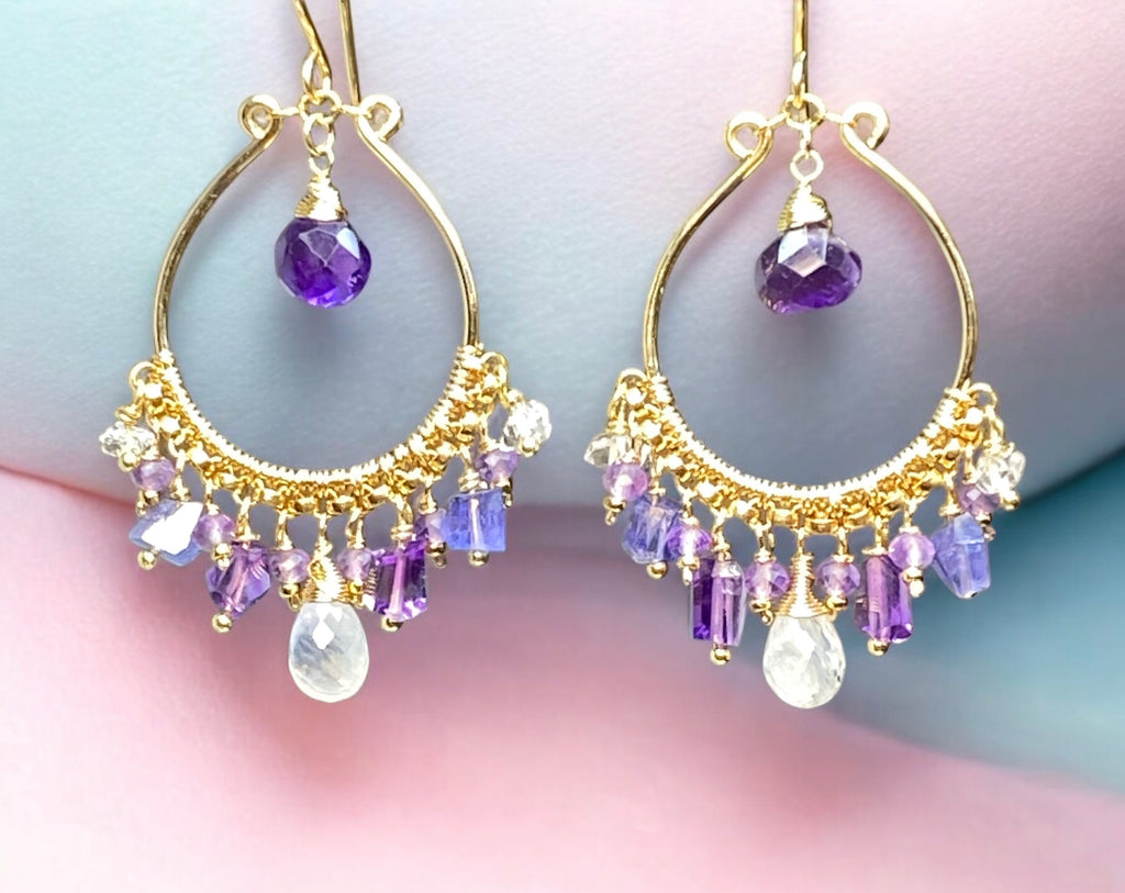 Blue Violet Purple Gold Fill Hoop Chandelier Earrings with Moonstone