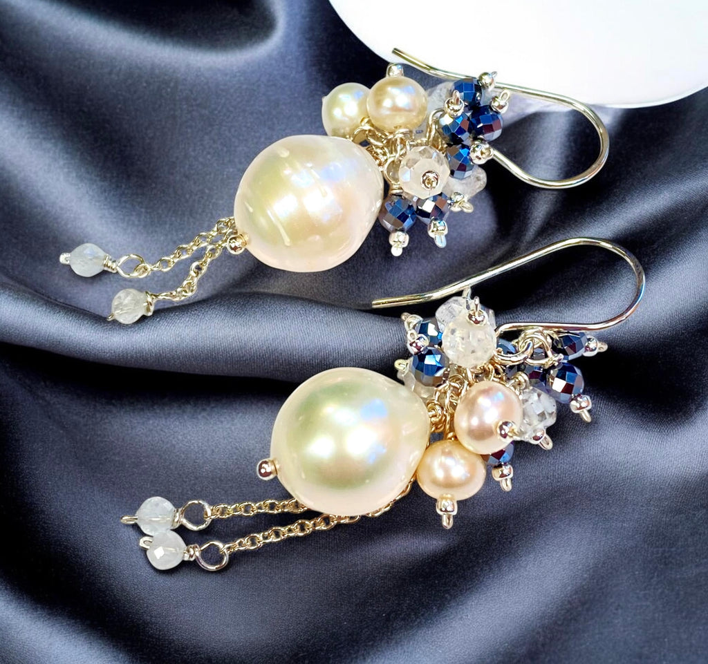Ivory Pearl Cluster Earrings with Moonstone, Mystic Quartz & Herkimer Diamond