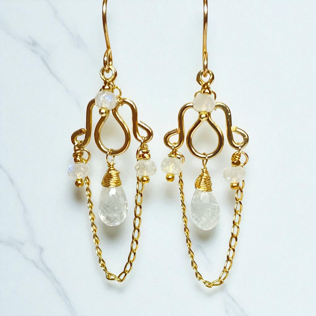 Rainbow Moonstone Petite Chandelier Earrings Gold Fill