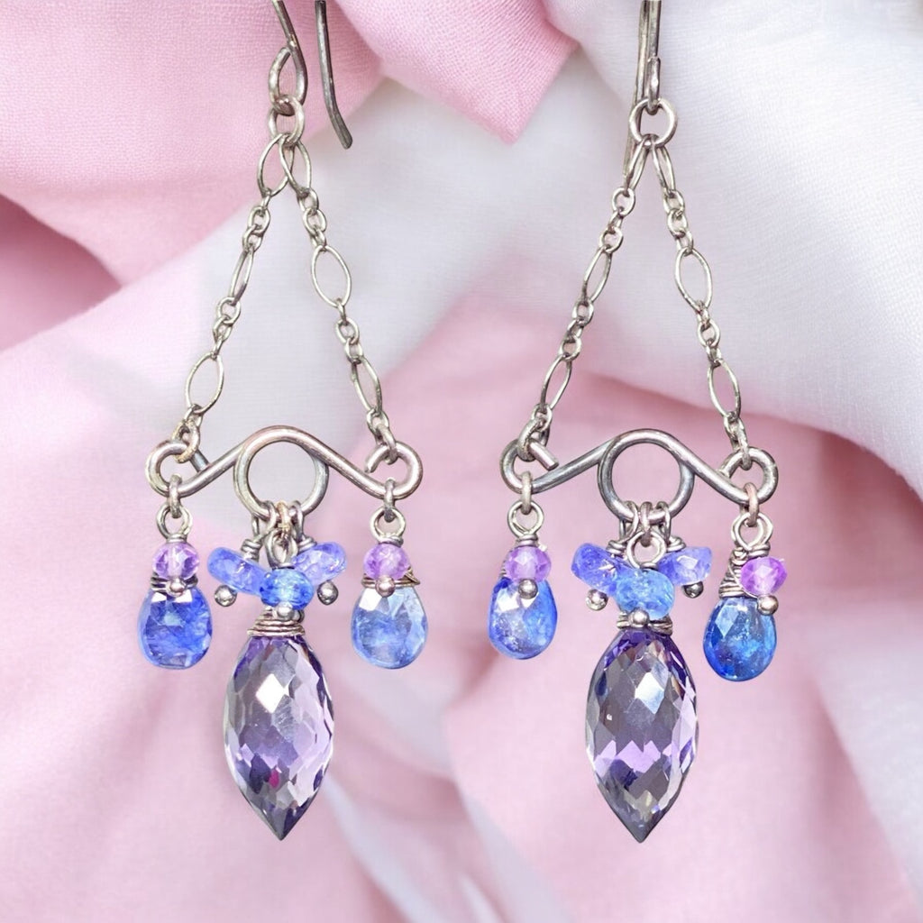 Blue Purple Gemstone Handmade Chandelier Earrings Oxidized Silver Tanzanite