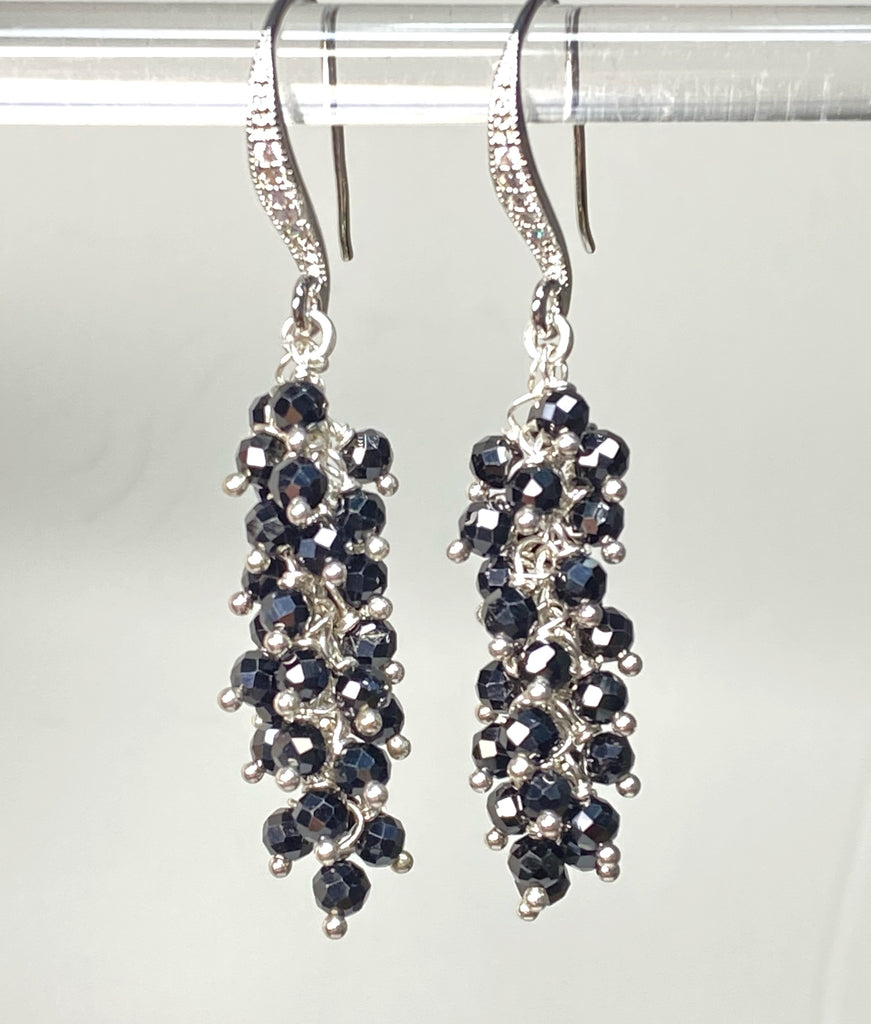 Black Cluster Earrings Sterling Silver Mystic Black Spinel