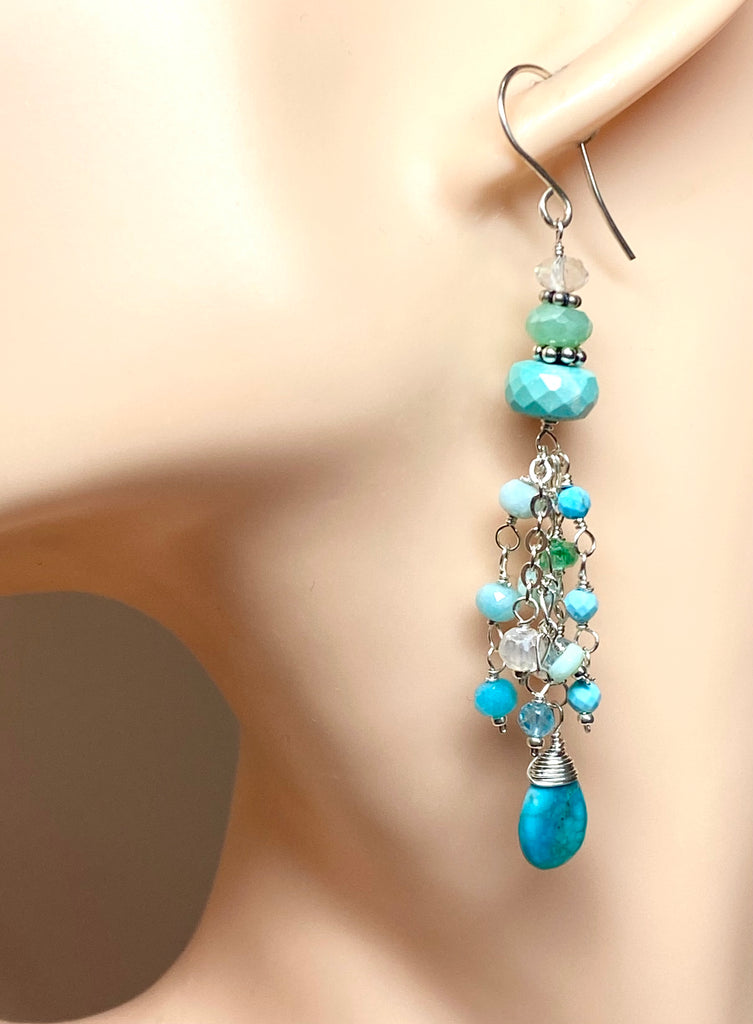 Multi Gemstone Gem Dangle Earrings, Tassel Style, Turquoise, Chrysoprase, Sterling Silver