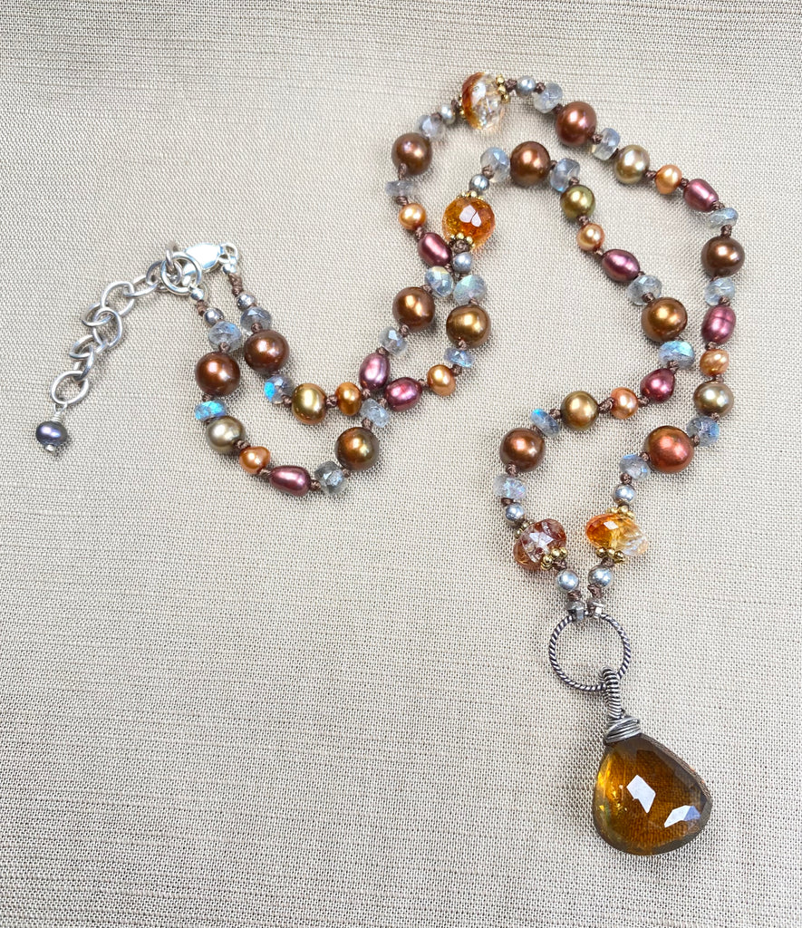 Cognac Quartz Silk Knot Pendant Necklace with Citrine, Labradorite, Pearl, Sterling Silver