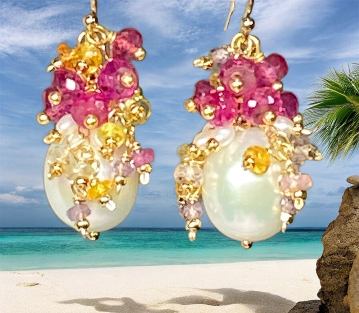 Pearl and Pink Sapphire Cluster Earrings Gold 2 - not used