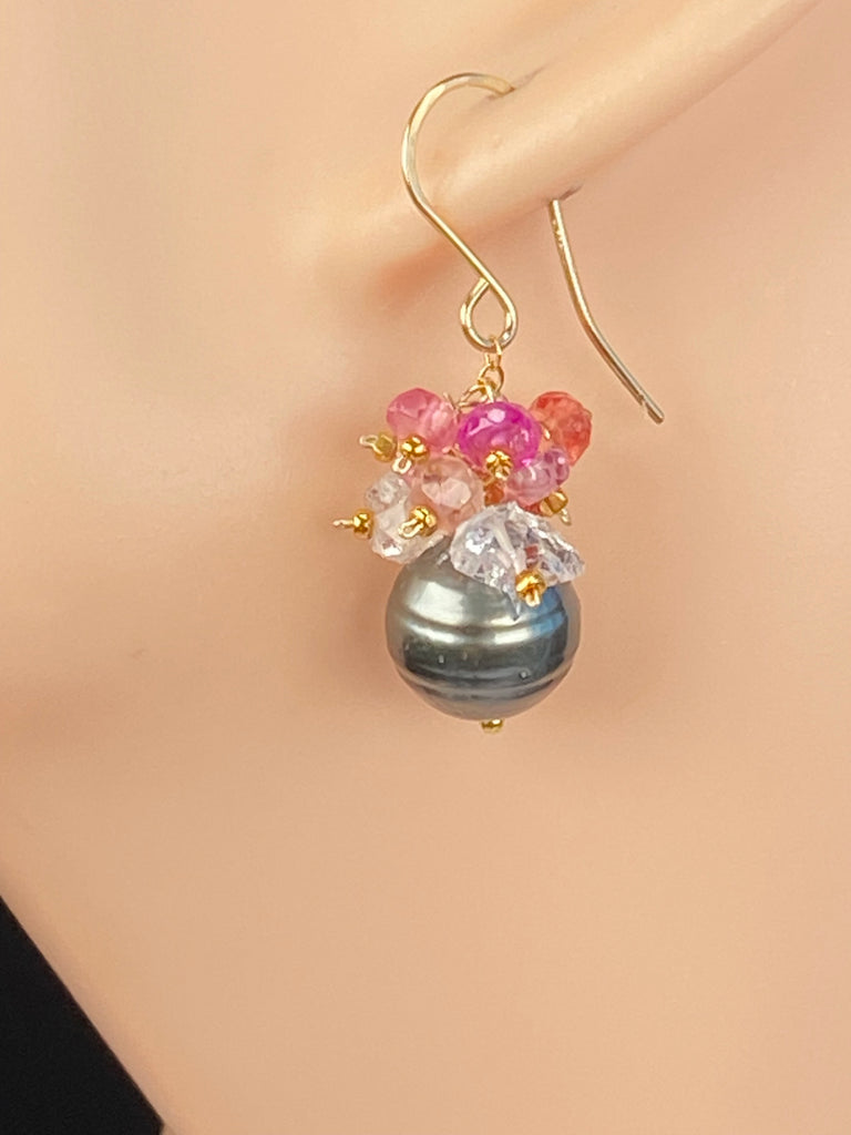 Tahitian Pearl Cluster Earrings with Padparadscha Sapphire & Herkimer Diamond Quartz, Gold Fill