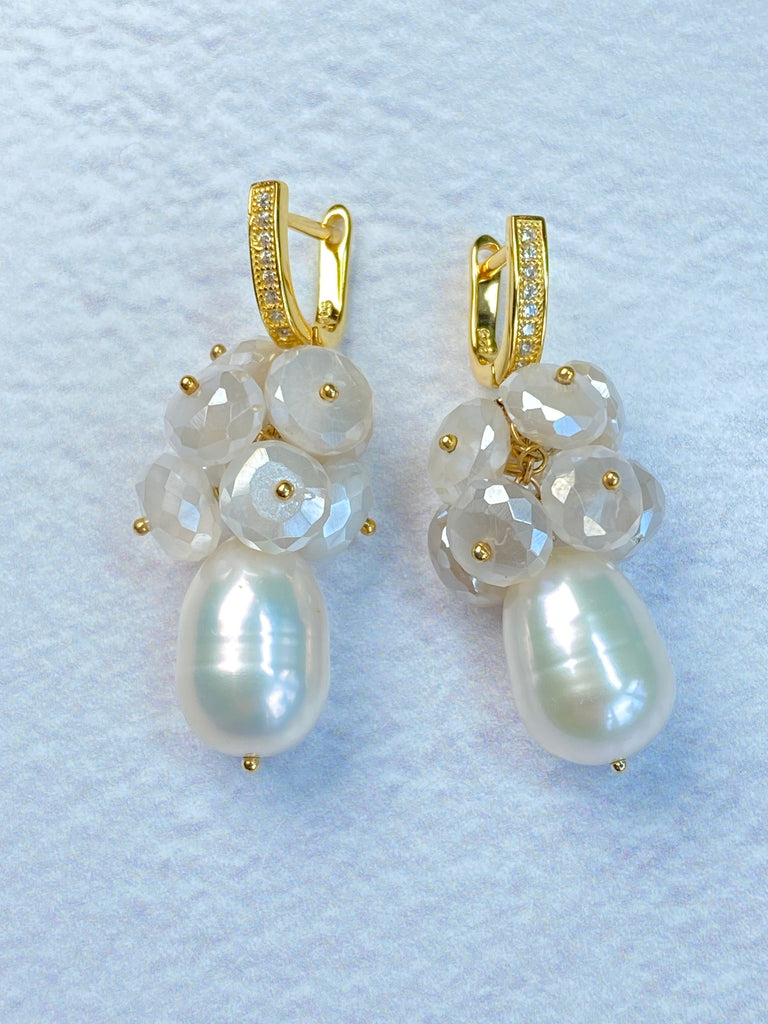 Baroque Pearl and Mystic Moonstone Gemstone Earrings Gold
