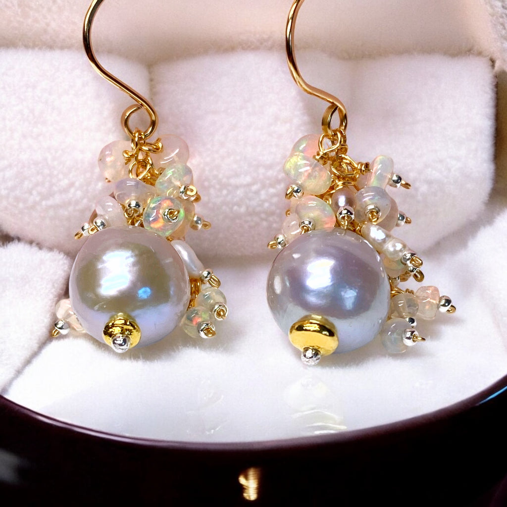 Silver Edison Pearl Ethiopian Opal Cluster Earrings, Mixed Metals