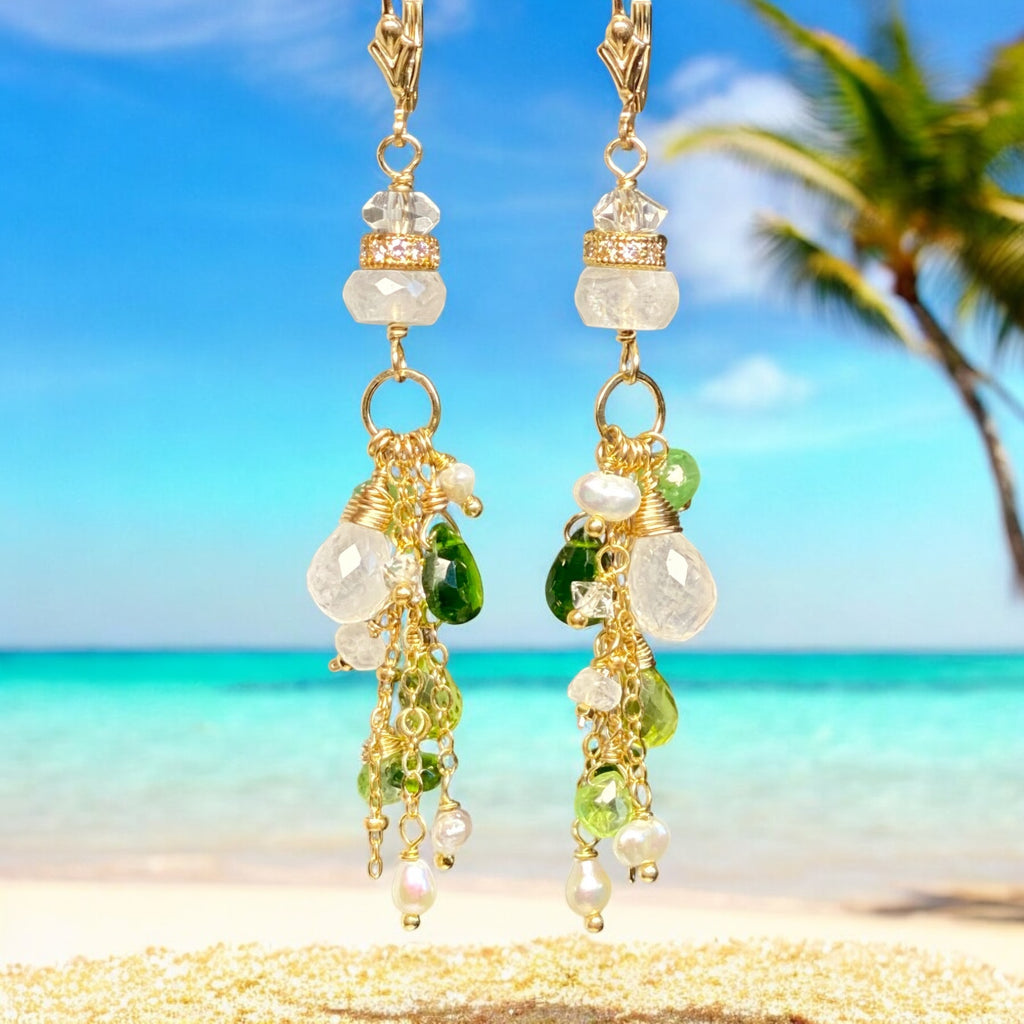 Green Gemstone Boho Dangle Earrings Peridot Chrome Diopside Tsavorite Gold 3