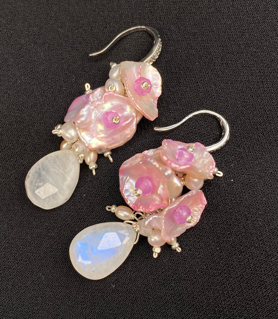 Moonstone, Pink Keishi Pearl, Pink Sapphire Cluster Earrings