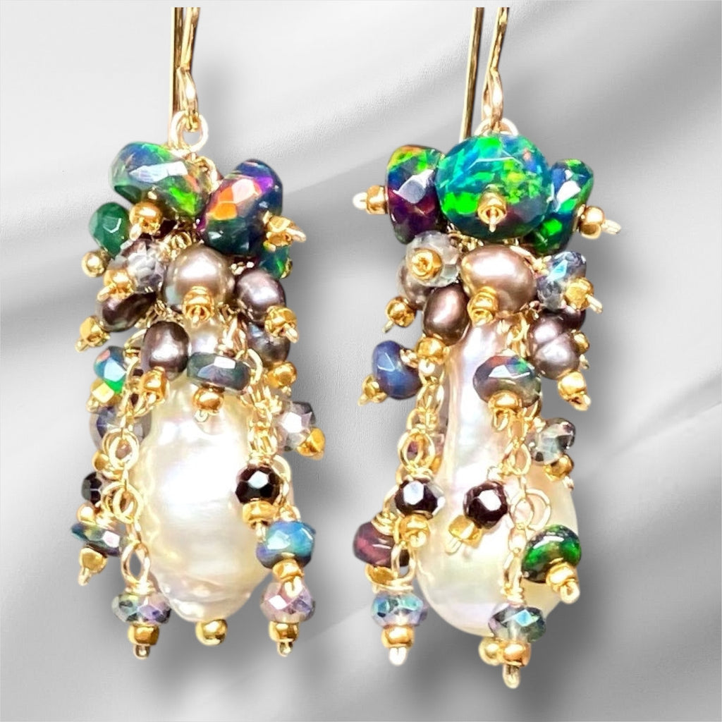 Baroque Pearl Earrings with Fiery Black Ethiopian Opals 3