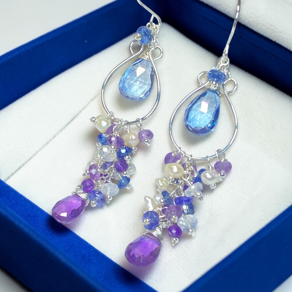 Blue Purple Gemstone Chandelier Hoop Earrings Sterling Silver — Tanzanite Amethyst Kyanite Moonstone - Doolittle