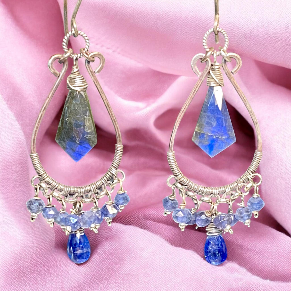 Blue Gemstone Statement Chandelier Earrings Oxidized Sterling Silver Blue Labradorite, Iolite, Kyanite - Doolittle