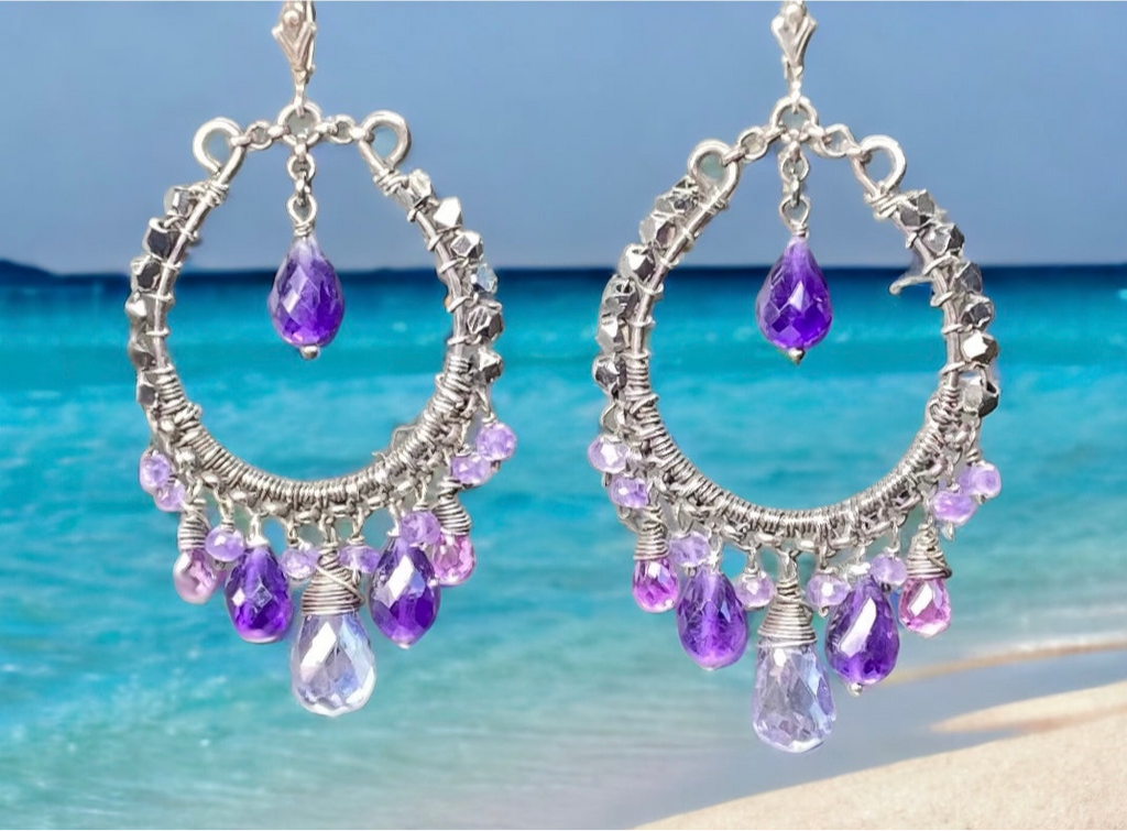 Boho Hoop Earrings Oxidized Sterling Silver Blue Violet Gemstones