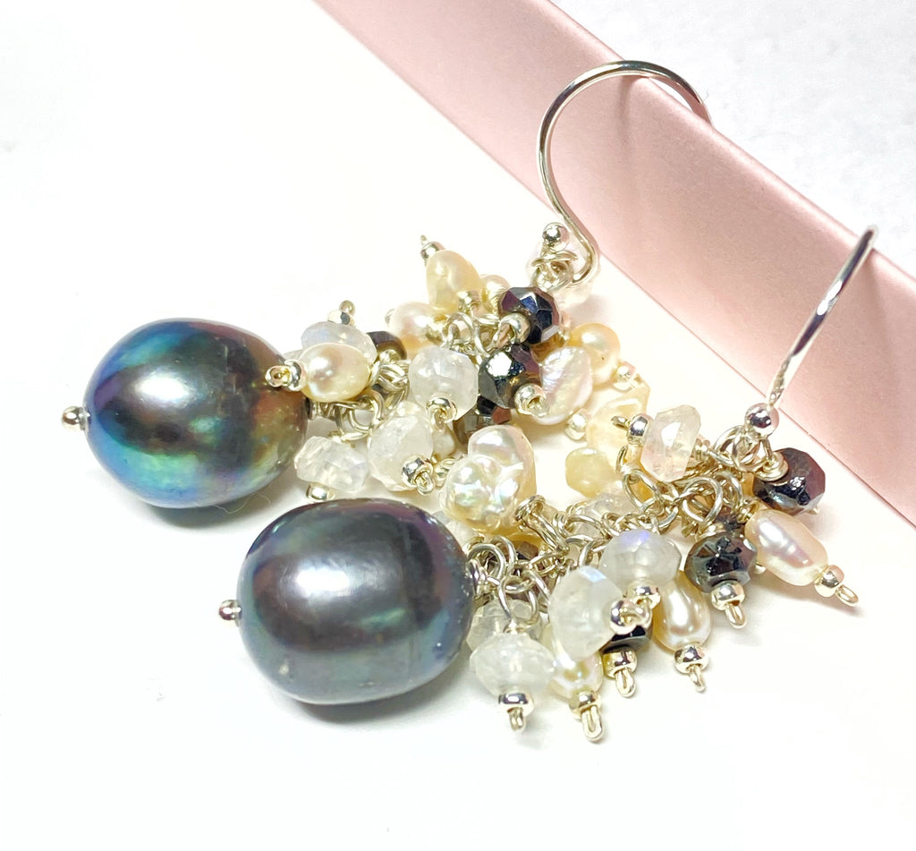 Black Grey Pearl Earrings with Moonstone Keishi Pearl and Black Sparkly Clusters