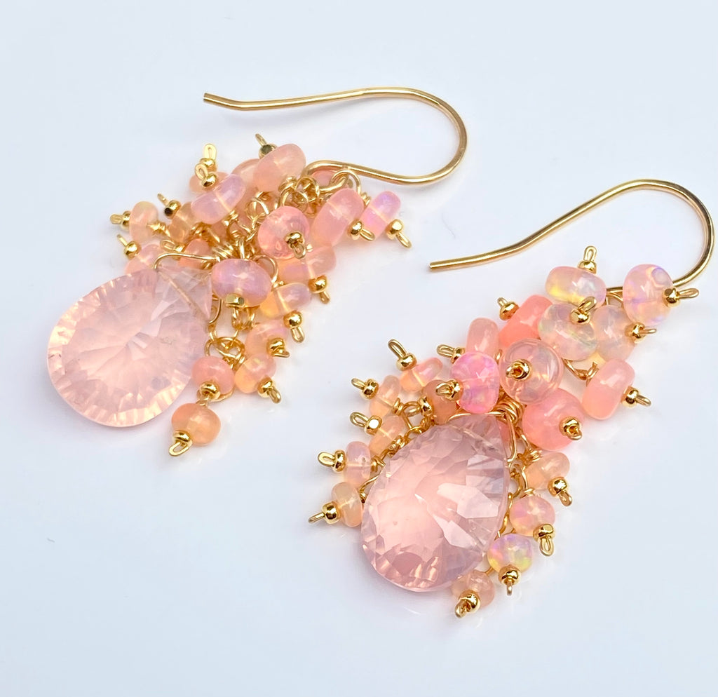 Pink Opal Cluster Earrings Rose Quartz Concave Cut Briolette Earrings Gold