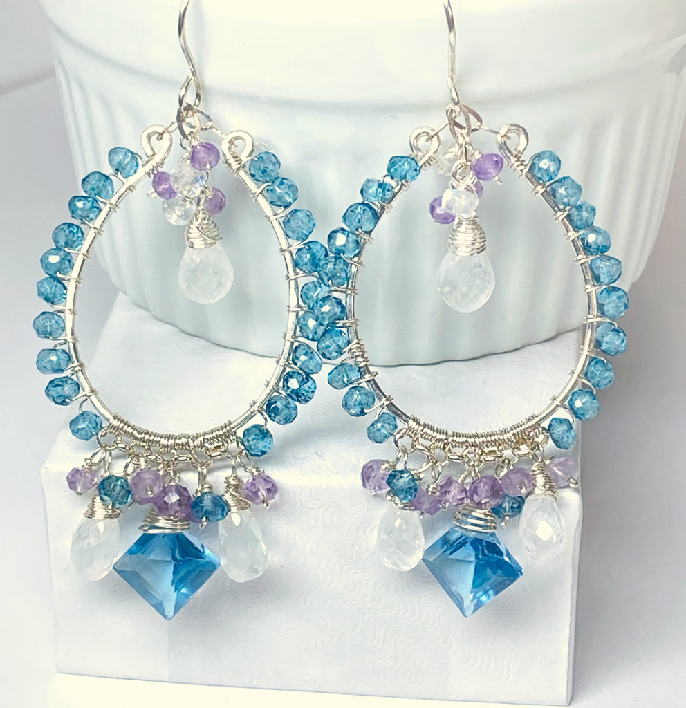 Blue Gemstone Chandelier Hoop Earrings